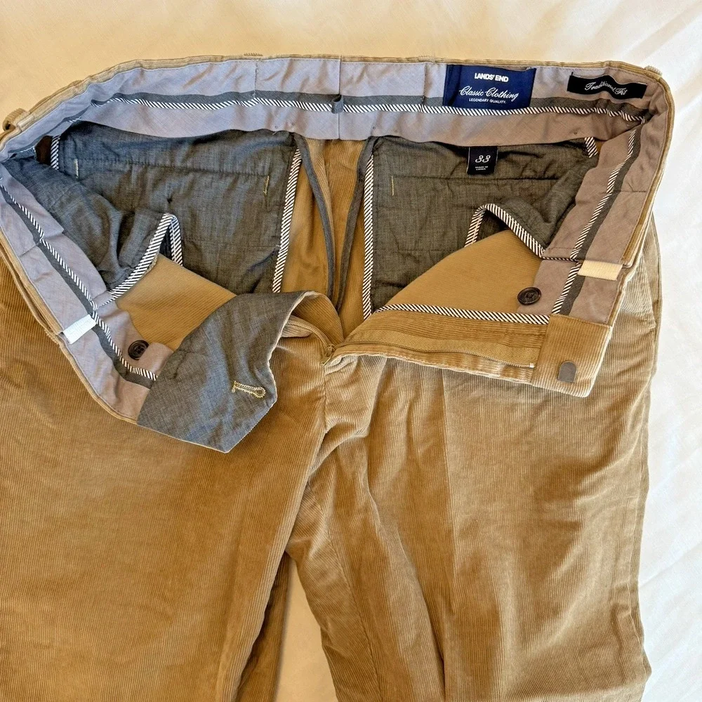 Lands' End Men's Tradition Flat Front Stretch Fine Wale Corduroy Pants Tan 34x28